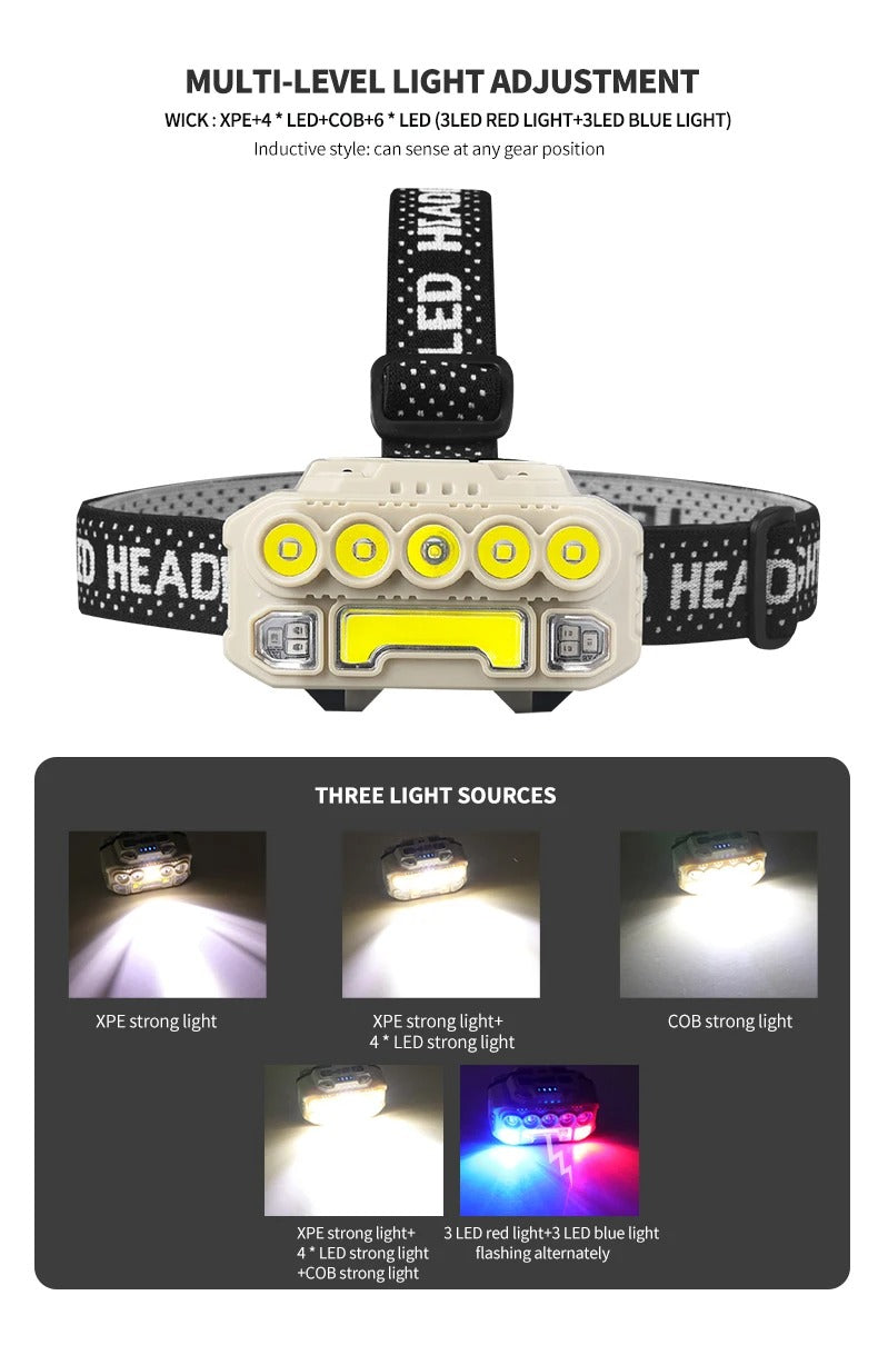 LED COB + 5 LED   مصباح الرأس  مضاد الصدمات و مزود بمستشعر للحركة